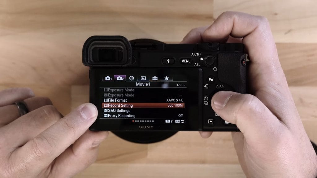 Sony a6400 movie menu with XAVC S 4K and Record Setting 30p 100M